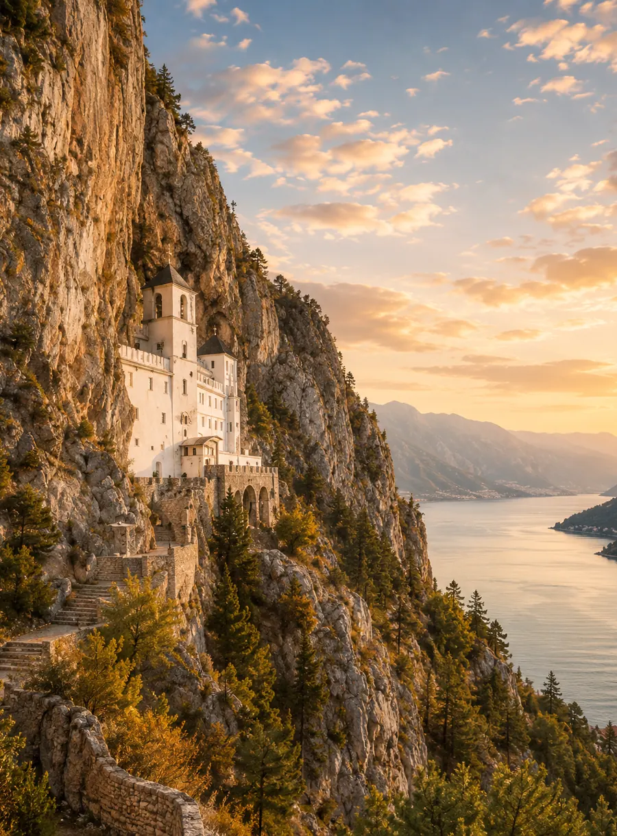 Manastir Ostrog u stijeni i planinskom pejzažu